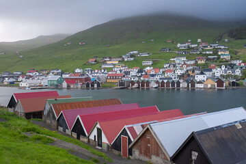 Boat houses at Vágur village, Suðuroy island, Faroe Islands.
