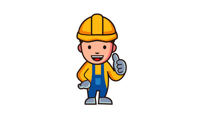Abstract cartoon illustration of a builder man with a yellow hard hat, with thumbs up