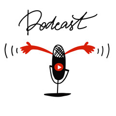 Podcast icon logo. Podcast radio icon. Studio microphone table broadcast podcast text. Blogger podcaster streaming. Interview, podcast, Live streaming,