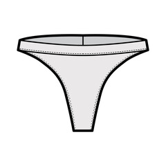 Thong underwear technical fashion illustration with elastic waistband, narrow strip. Flat tanga Underpants lingerie template front, grey color. Women men unisex swimsuit CAD mockup 