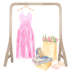 Watercolor fashion illustration of female wardrobe. Perfect for print, web design, planner, gift items and many other creative ideas.