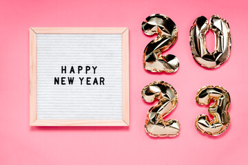 Happe New Year 2021 letterboard and christmas decorations. Top horizontal view copyspace festive holiday background