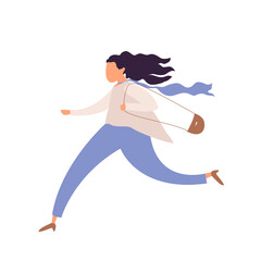 Running woman, office worker character in hurry, rush hour,  hasteing woman with handbag, oversleeping work day start