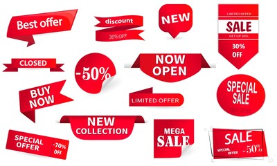 Set of red ribbons, banners. Sale labels. Big, mega -50% discount. Trade Tags. Limited offer. New collection.
 Vector image.