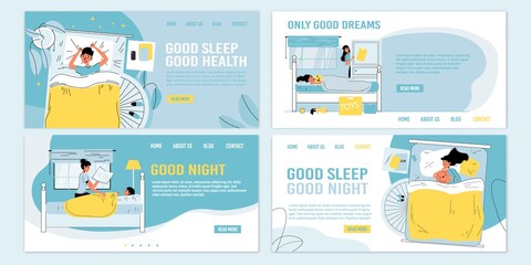Rules tips recommendation information for children better night sleep. Healthy habits. Kids falling asleep, loving parent controlling baby sweet dream, reading book. Bedtime. Landing page set