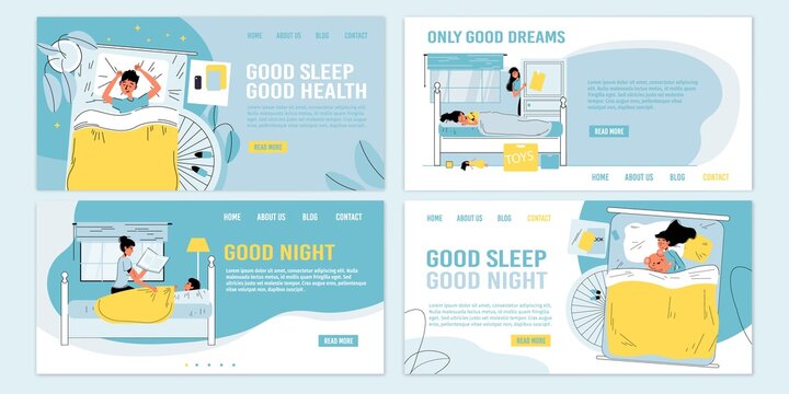 Rules tips recommendation information for children better night sleep. Healthy habits. Kids falling asleep, loving parent controlling baby sweet dream, reading book. Bedtime. Landing page set