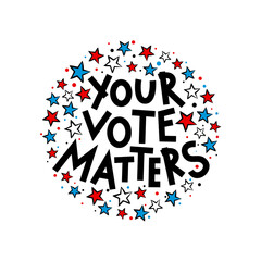 Magic stars picture for USA Vote Day. Vector Template in national colors of the United States of America. Round cartoon web banner for social media post template. Your vote matters lettering.