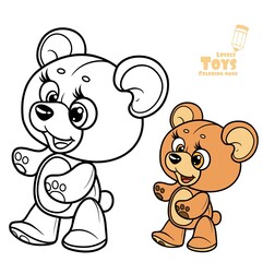 Cute cartoon toy teddy bear outlined and color for coloring book
