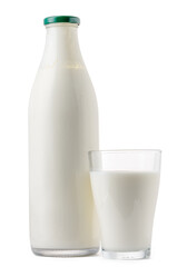 Glass bottle and cup of fresh milk isolated