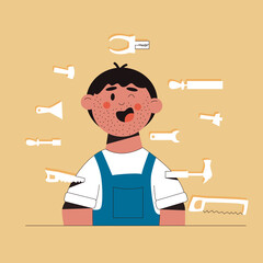 Vector illustration of a young male locksmith smiling and winking with stubble on his face, against the background of working locksmith tools. Concept of repair work, manual laborers. Can be used for