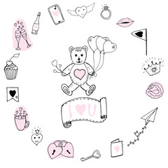 Love doodles set. Valentine's Day hand drawn doodles, love symbols, love messages, design elements. Can be used for postcards, invitations, printing, gift wrapping, making, sewing. Romantic background