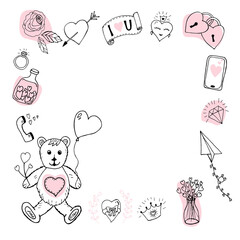 Love doodles set. Valentine's Day hand drawn doodles, love symbols, love messages, design elements. Can be used for postcards, invitations, printing, gift wrapping, making, sewing. Romantic background
