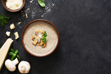 Soup puree with mushrooms and cheese on a concrete background. View from above.