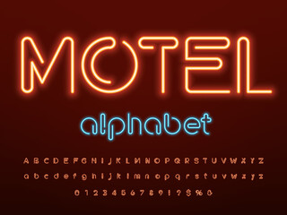 Glowing neon light alphabet design with uppercase, lowercase, numbers and symbol