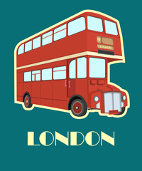 Double decker bus from England. Website, icon, postcards, place for text.