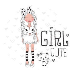 cute girl with cat vector illustration