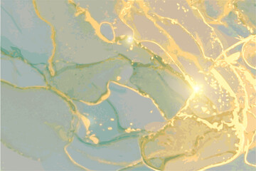 Green, grey, teal and gold stone marble texture. Alcohol ink technique abstract vector background. Modern luxury paint in natural colors with glitter. Template for banner, poster. Fluid art painting
