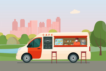 Food truck van with a seller in a medical mask isolated. Cafe on wheels. Vector illustration.
