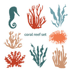 Coral reef vector set: seahorse, corals, seaweed, illustrations with ragged edges
