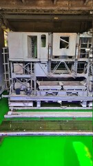 Illuminated industrial architecture in an old steel factory in Duisburg, Germany