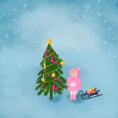 Girl with Christmas tree. Merry Christmas and a happy new year! Illustration with the congratulation of the coming year. Winter. Banner