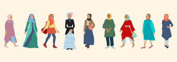 Set of arab women, girls with headscarves, oriental women. Different characters. Vector illustration, banner design.
