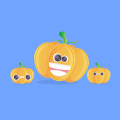 vector funny cartoon pumpkin character isolated on blue background. funky smiling cute autumn vegetable character. Halloween cartoon smiling pumpkin