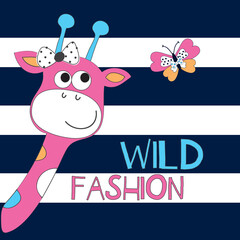 cute giraffe with butterfly on striped background 