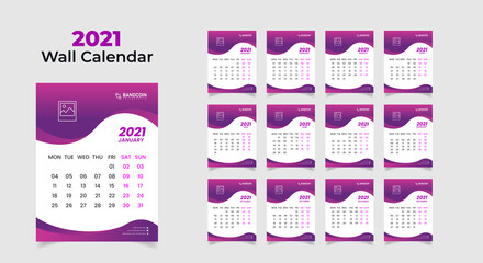 Wall Calendar 2021 year in 12 months vector easy to edit template file