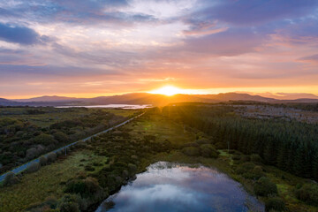 Aerial of lake in a peatbog by Clooney, Portnoo - County Donegal, Ireland