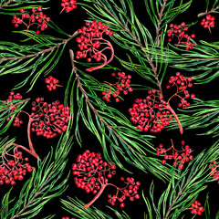 botanic winter seamless pattern with pine and Rowan viburnum, watercolor endless print for Christmas and New Year design. Decorative ornament for textile, backdrop, wallpaper, wrapping. Black 