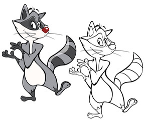 Vector Illustration of a Cute Cartoon Character Raccoon  for you Design and Computer Game. Coloring Book Outline Set 