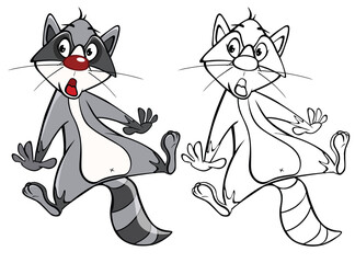 Vector Illustration of a Cute Cartoon Character Raccoon  for you Design and Computer Game. Coloring Book Outline Set 