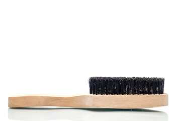 Wooden beard brush on white isolated background. Man care product