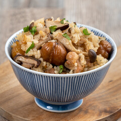 Delicious Japanese chestnut and chicken with shimeji seasoned mixed rice (takikomi gohan).