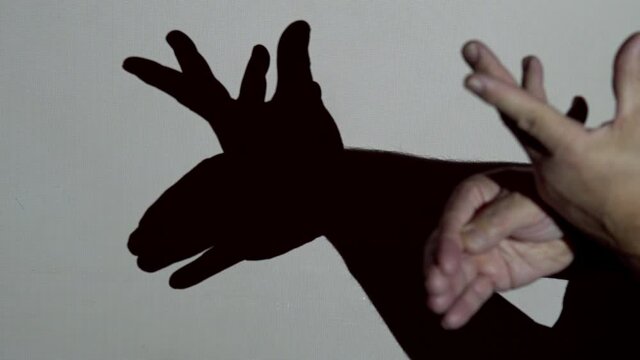 Male hands make the shadow of the elk under the projector lighting Entertainment theater for young children