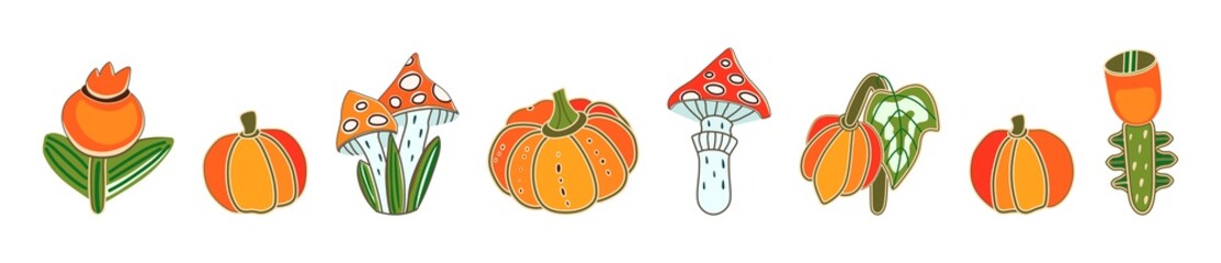 Pumpkins mushrooms flowers on a white background. Vector illustration. Autumn set of icons. Halloween. Abstract hand drawn decorative pumpkin and mushrooms. Harvest food vegetables mushroom fly agaric