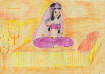 1001 Nacht. Zeichnung einer orientalischen Prinzessin, die 1972 von einem 13-jährigen Mädchen angefertigt wurde. Tausendundeine Nacht