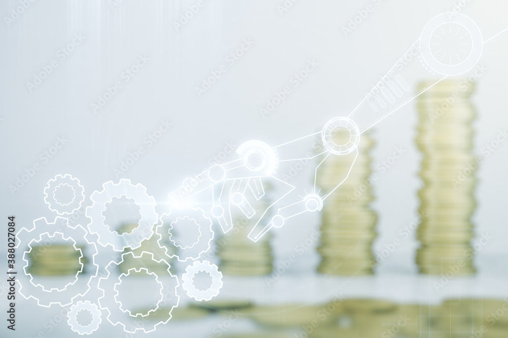 Poster abstract virtual robotics technology hologram on coins background, artificial intelligence and machi