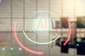 Double exposure of creative artificial Intelligence abbreviation hologram on a modern boardroom...