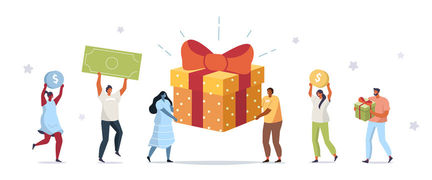 People Characters Receiving Online Reward. Woman and Man Holding Gift Box and Collecting Cash Back Bonuses and Prizes. Loyalty and Referral Marketing Program Concept. Flat Cartoon Vector Illustration.