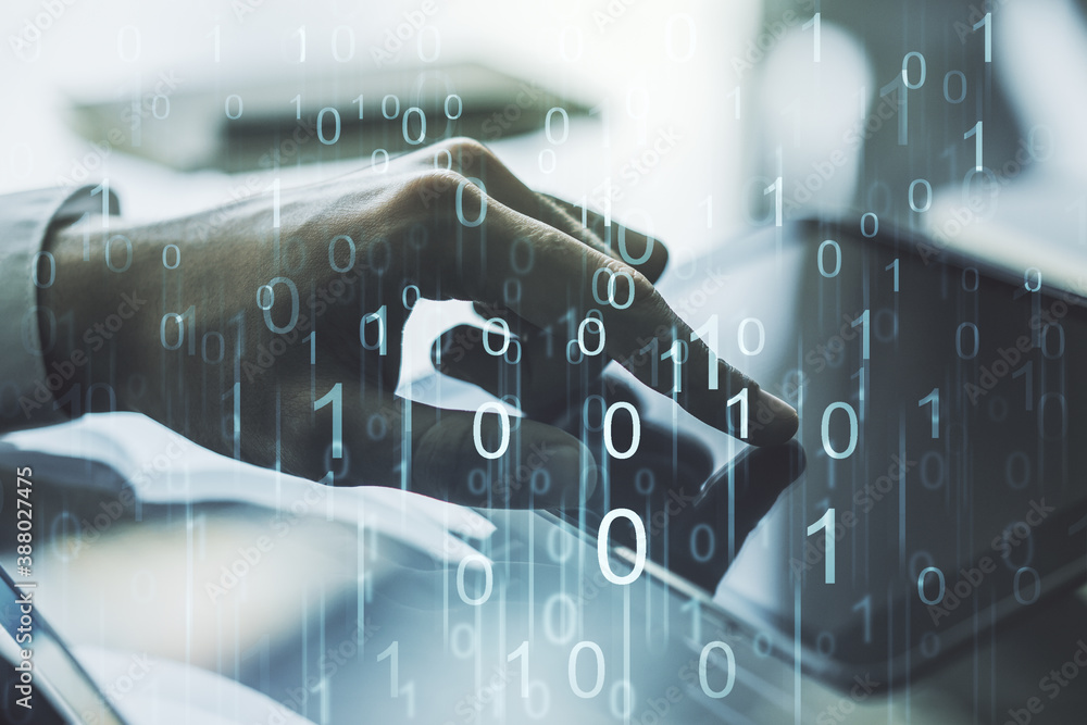Poster creative concept of binary code illustration and finger clicks on a digital tablet on background. bi