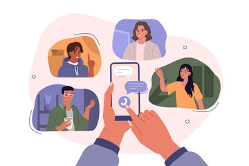 Hands Holding Smartphones with Video Chat on Screen.  Boys and Girls Chatting and Communicating Together in Social Media. Female and Male Characters Talking Online. Flat Cartoon Vector Illustration.