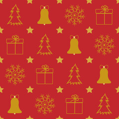 Naklejka na ściany i meble Christmas red background. The texture of the golden symbols of the winter season Christmas tree, bell, gift, star and snowflake. Traditional Christmas attributes ornamental background. Vector