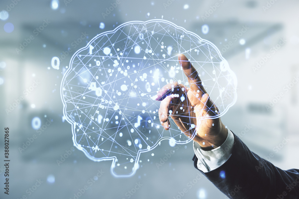Poster double exposure of man hand presses on creative artificial intelligence interface on blurred office 