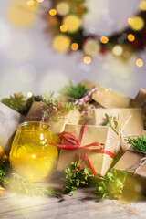 Creative zero waste Christmas concept, handmade gift boxes