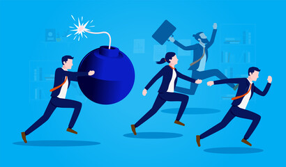 Troublemaker in office - Man running with cartoon bomb in office, bothering employees. Problem maker and irritating colleague concept. Vector illustration.