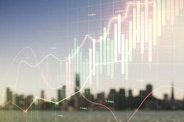 Multi exposure of virtual abstract financial graph interface on blurry skyscrapers background, financial and trading concept