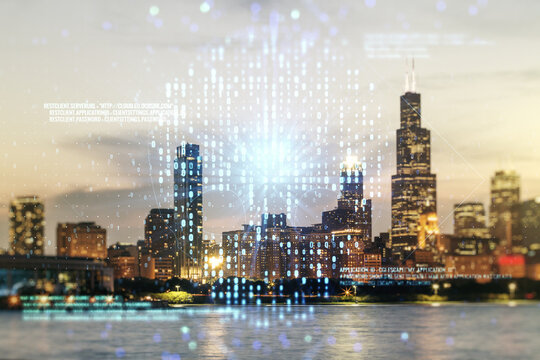 Double exposure of abstract virtual creative code skull hologram on Chicago city skyscrapers background. Malware and cyber crime concept © Pixels Hunter