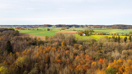 View from above on the autumnally leafy leaves of the flood plains near Hiltenfingen